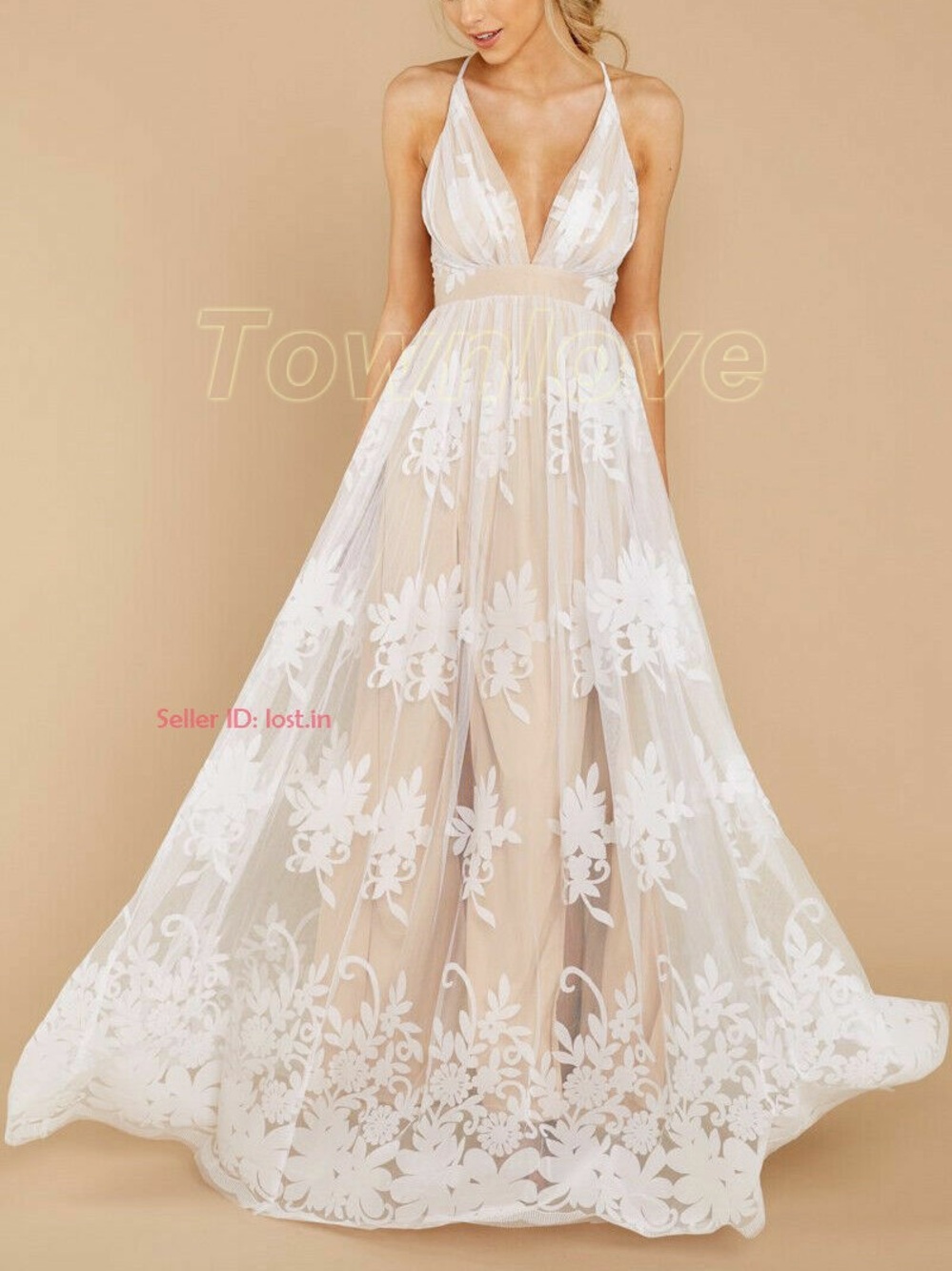 Luxxel White Floral Lace Plunge Gown